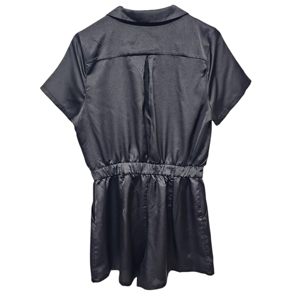 Haute Monde Black Satin Button-Up Shorts Romper Size Medium - Picture 5 of 8